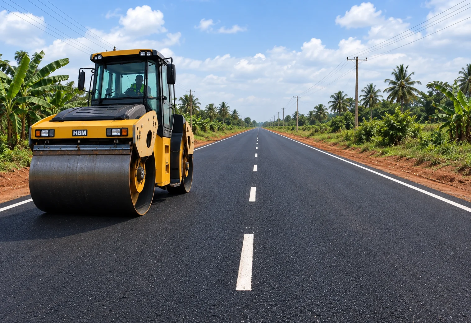 Road construction roller working on a newly surfaced road