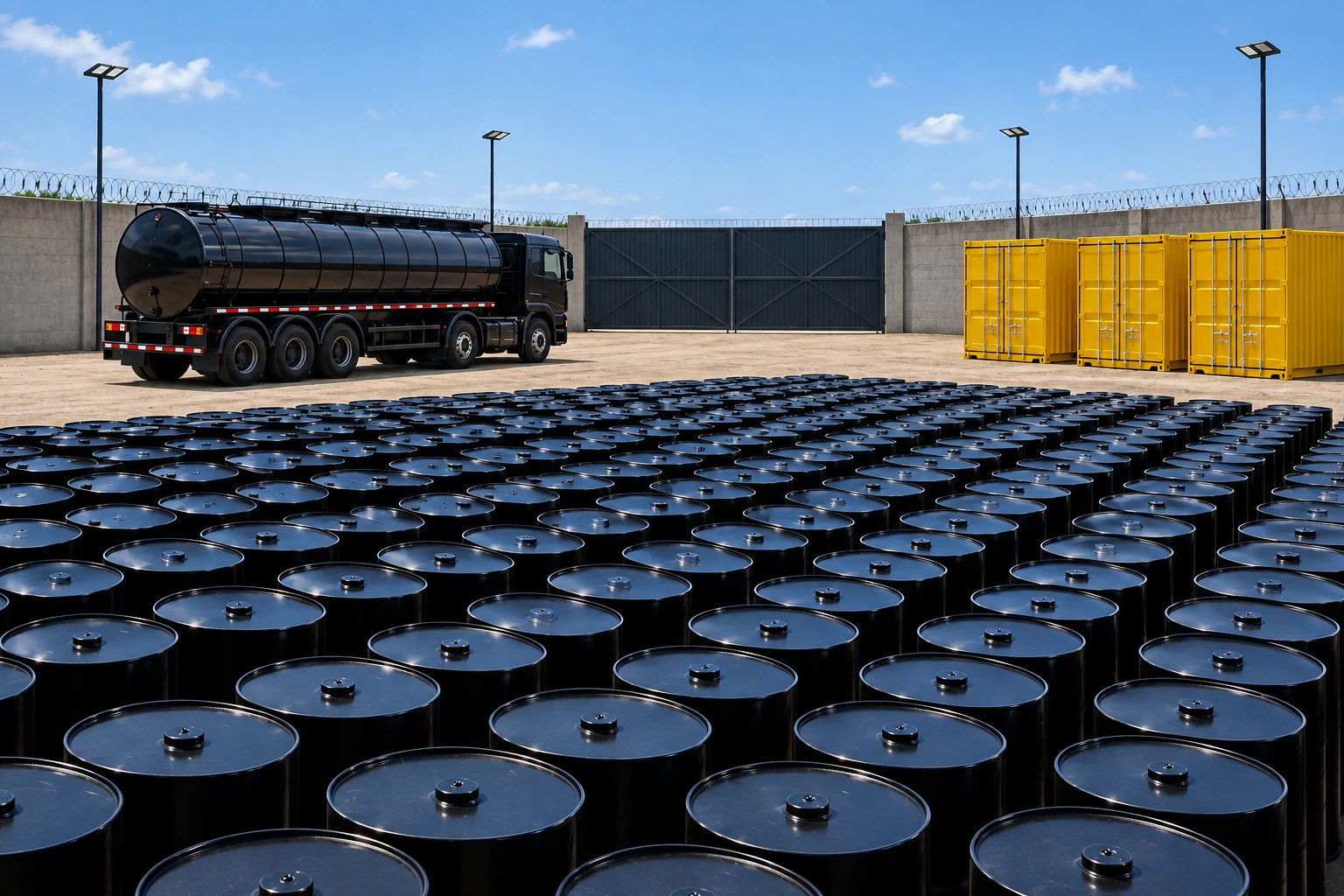 Bitumen drums and storage tanks at a supply yard